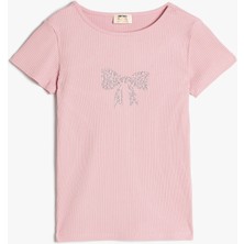 Koton T-Shirt Fiyonk Baskılı Pul Detaylı Kısa Kollu Bisiklet Yaka Pamuklu