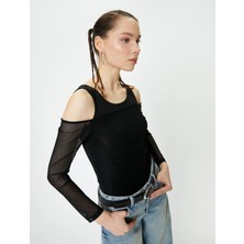 Koton Çift Kumaş Kullanımlı Tül Tişört Uzun Kollu Slim Fit