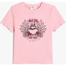 Koton T-Shirt Kısa Kollu Bisiklet Yaka Ribanalı Kalp Baskılı