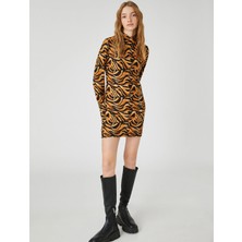 Koton Mini Kışlık Kalem Elbise Leopar Desenli Dik Yaka Uzun Kollu