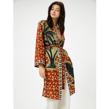 Koton Uzun Kimono Beli Kuşaklı Desenli