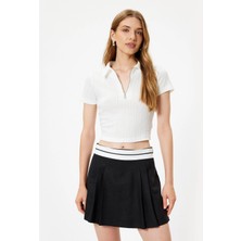 Koton Polo Crop Tişört Yarım Fermuar Detaylı Kısa Kollu Dokulu