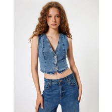 Koton Kot Yelek Taşlı Crop Kolsuz Düğmeli V Yaka