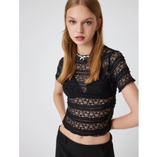 Koton Fiyonklu Tişört Dantel Kısa Kollu Dik Yaka Slim Fit