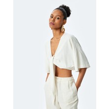Koton Viskon Keten Karışımlı Kimono Kol Bağlama Detaylı Crop Bluz