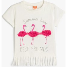 Koton Püsküllü Flamingo Baskılı Kısa Kollu Ekru Kız Bebek T-Shirt 5SMG10007AK