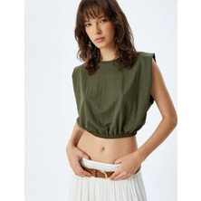 Koton Crop Kolsuz Bluz Bisiklet Yaka Beli Lastikli Viskon Kumaş