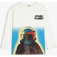 Koton Tişört Uzun Kollu Bisiklet Yaka Astronot Baskılı Pamuklu