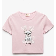 Koton Kız Çocuk Pamuklu Köpek Baskılı Kısa Kollu Tişört Slim Fit Pembe Renk Yaka Bisiklet