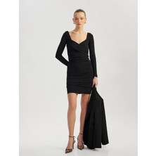 Koton Drapeli Slim Fit Uzun Kollu Mini Kare Yaka Elbise