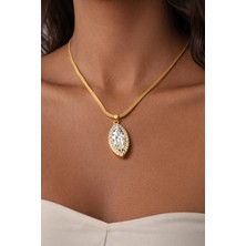 Stainless Steel Badem Taşlı Gold Kolye