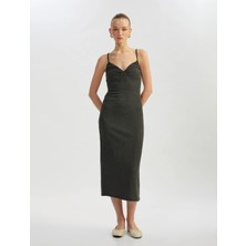 Koton Derin V Yaka Slim Fit Midi Boy Ince Askılı Kalem Elbise
