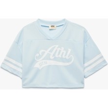 Koton V Yaka Kısa Kollu Crop Oversize Kolej Baskılı Tişört