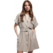 Koton Viskon Cupro Kumaş Kısa Kollu Kemerli Cepli Diz Üstü Gömlek Elbise