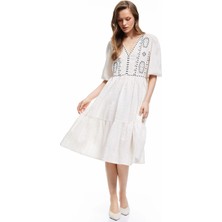 Koton Pamuklu Astarsız Etnik Desenli 3/4 Balon Kollu V Yaka Uzun Elbise