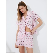 Koton Pamuklu Gömlek Yaka Kiraz Desenli Kısa Kollu Pijama Üstü