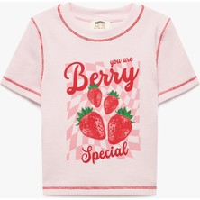 Koton Pamuklu Kısa Kollu Bisiklet Yaka Çilek Baskılı Crop Tişört