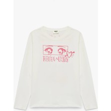 Pamuklu Bisiklet Yaka Anime Baskılı Uzun Kollu Tişört