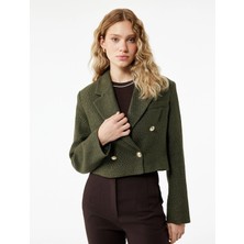 Uzun Kollu Kruvaze Tüvit Crop Blazer Ceket