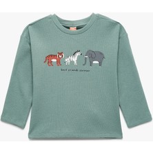 Pamuklu Hayvan Baskılı Bisiklet Yaka Uzun Kollu Tişört