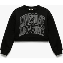 Şardonlu Uzun Kollu Bisiklet Yaka Taş Detaylı Sweatshirt