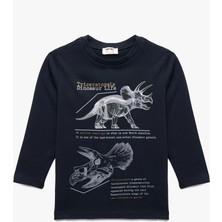 Pamuklu Uzun Kollu Bisiklet Yaka Dinozor Baskılı Tişört