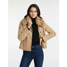 Koton Kadın Ekru Suni Kürk Yaka Kısa Kaban Uzun Kollu Regular Fit Cepli Model