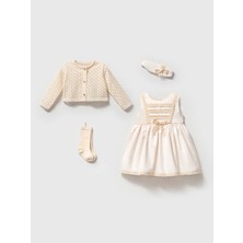 Kız Bebek Mevlüt Elbisesi Ekru Dantel Detaylı Triko Hırkalı 4’lü Özel Gün Set 3-6 Ay