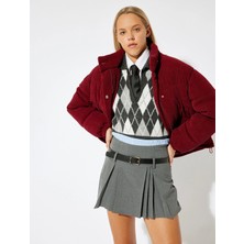 Koton Kadife Şişme Mont Oversize Kapitoneli Düğmeli Cep Detaylı Dik Yaka