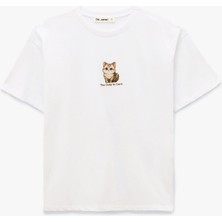 Koton Kısa Kollu Bisiklet Yaka Pamuklu Kedi Nakışlı Oversize Tişört