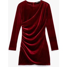 Koton Uzun Kollu Bisiklet Yaka Drape Detaylı Mini Kadife Elbise