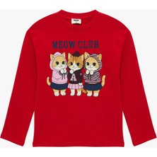 Koton Bisiklet Yaka Pamuklu Kedi Baskılı Uzun Kollu Tişört