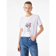 Koton Pamuklu Kısa Kollu Bisiklet Yaka Çiçek Baskılı Tişört