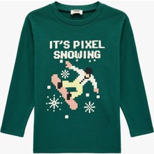 Koton Pamuklu Uzun Kollu Bisiklet Yaka Yılbaşı Baskılı Yılbaşı Tişört