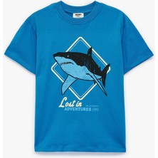 Koton Köpek Balığı Baskılı Kısa Kollu Bisiklet Yaka Pamuklu Tişört