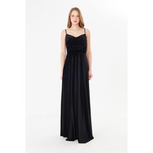 Rora Askılı Drapeli Uzun Abiye Elbise – Şık Gece Davet Düğün Elbisesi