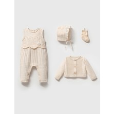 Noynoy Bebek Müslin Nakışlı Bebek Tulum Seti - Krem Örgü Hırka ve Şapkalı 4'lü Takım 3-6 Ay