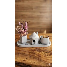 Dekolux El Yapımı Beton Ev Tealight Mumluk & Tütsülük Dekor Seti