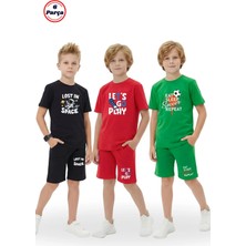 Fyk Kids 3'lü Bisiklet Yaka Baskı Detaylı Renkli Kaprili Erkek Çocuk 6 Parça Alt Üst Takım