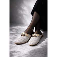 Slipcat Inci ve Gold Tokalı Ekose Dokulu Şık Kadın Terlik Ev Terliği