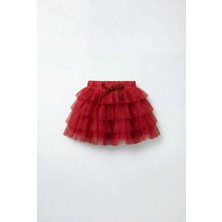 Magu Kız Çocuk Pamuklu Kırmızı Fiyonklu Simli Kat Kat Tül Etek