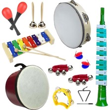 Leaf Shop Örf Aletleri Seti Median Paket-2 Maracas Zil Kastanyet Üçgen Ritim Ksilofon Davul Tef (11 Parça)