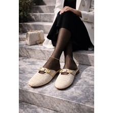 Slipcat Inci ve Gold Tokalı Ekose Dokulu Şık Kadın Terlik Ev Terliği