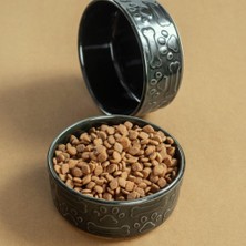 Pettrend Haki Kedi Köpek Mama Kabı 2li Seramik Kabartmalı Kedi Köpek Mama ve Su Kabı 13.5 cm (500ML)
