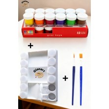 Glanart 12 Renk Guaj Boya Seti+ 12 Şişeli Palet ,fırça Seti (Renk Karıştırmanız Için)