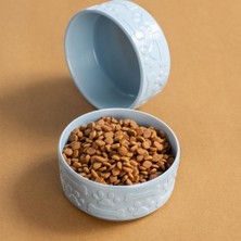 Pettrend Mavi Kedi Köpek Mama Kabı 2li Seramik Kabartmalı Kedi Köpek Mama ve Su Kabı 13.5 cm (500ML)