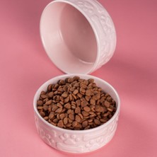 Pettrend Pembe Kedi Köpek Mama Kabı 2li Seramik Kabartmalı Kedi Köpek Mama ve Su Kabı 13.5 cm (500ML)