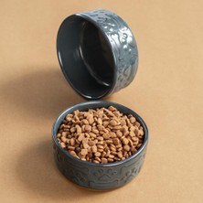Pettrend Gri Kedi Köpek Mama Kabı 2li Seramik Kabartmalı Kedi Köpek Mama ve Su Kabı 13.5 cm (500ML)