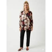 Ribana Classic Kadın Dijital Baskılı Saten Kumaş Klasik Yaka Önü Düğmeli  Manşet Bitişli Uzun Kollu Gömlek 4198