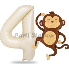 Parti Station Safari Maymun Balon 4 Yaş Balon Set Safari Konsept Sevimli Maymun Balon ve Krem Renk Rakam Balon